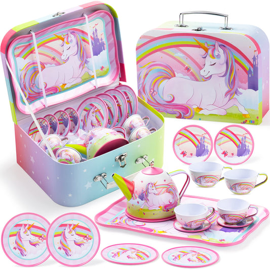 Unicorn Tin Teapot Set With Mermaid Case, 14 Pcs