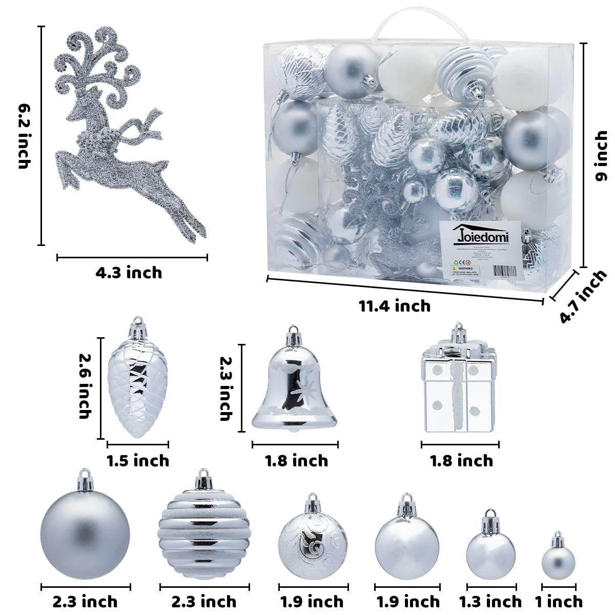 66 Pcs Christmas Assorted Ornaments Silver & White
