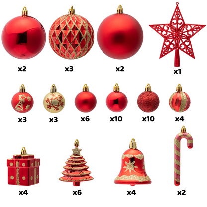 60 Pcs Christmas Assorted Ornaments with a Star Tree Topper Red & Gold