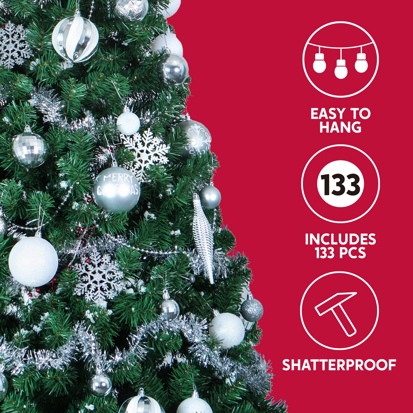 133 Pcs Christmas Ornaments, Assorted Shatterproof Silver & White Christmas Ornaments