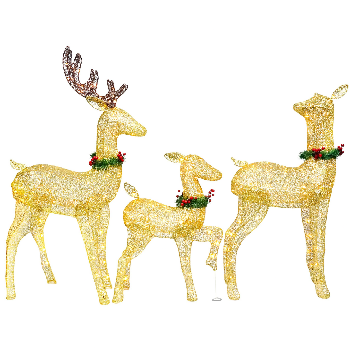 3 Pcs LED Yard Lights - Fabric 5ft Buck, 4ft Doe, and 3ft Fawn with Wreath (Gold)