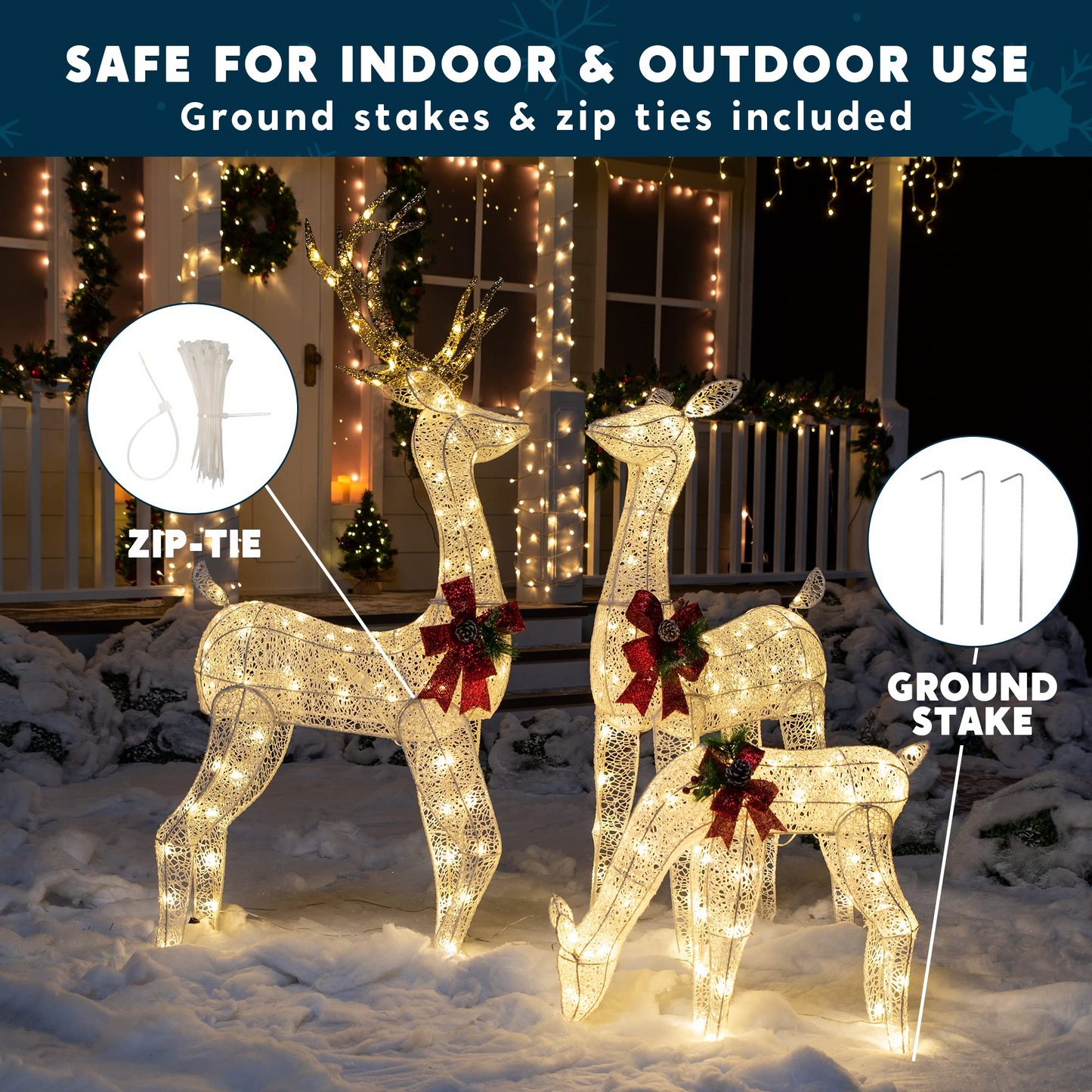 3 Pcs LED Yard Lights - Fabric 5ft Buck, 4ft Doe, and 2.2ft Fawn (White)