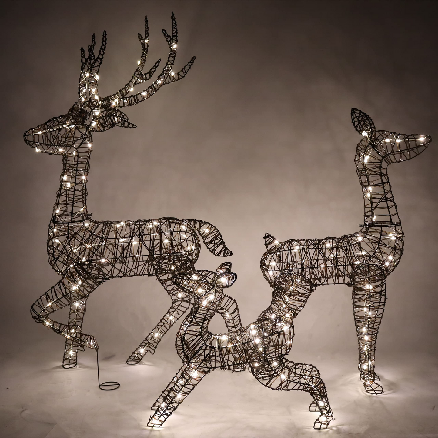 3 Packs Rattan Christmas Reindeer Buck, Doe, and Fawn Yard Lights
