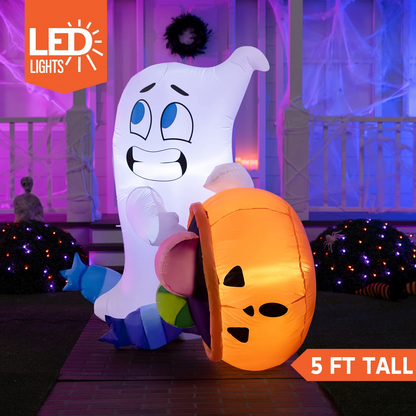 Tall Halloween Cute Ghost Dump Pumpkin Candy Bag Inflatable (5 ft)