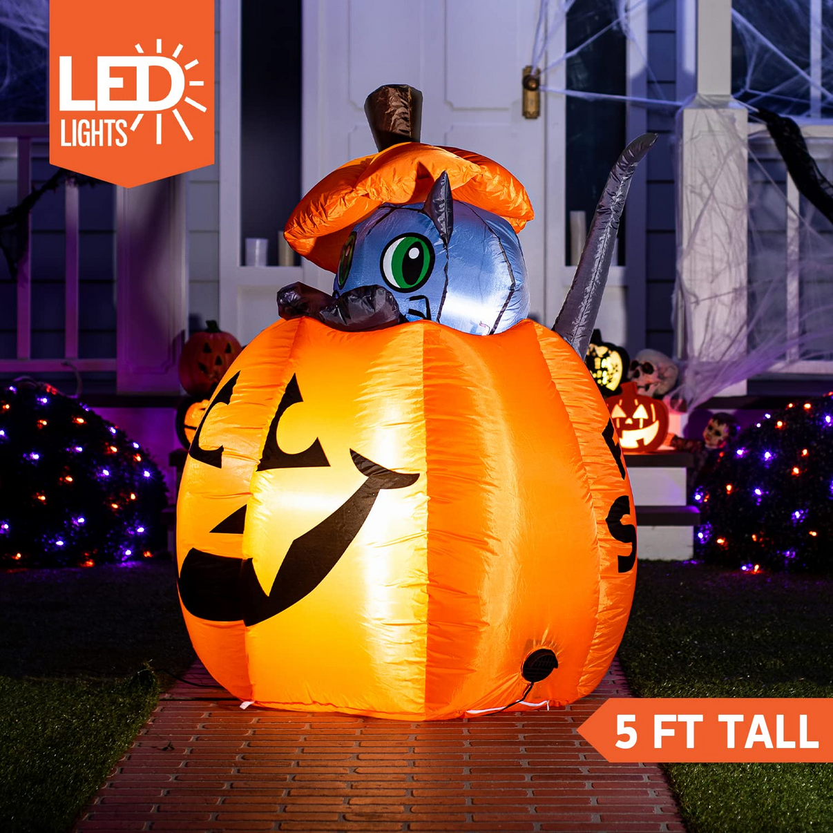 Tall Animated Kitty Cat On Pumpkin Inflatable (5 ft) - Joiedomi