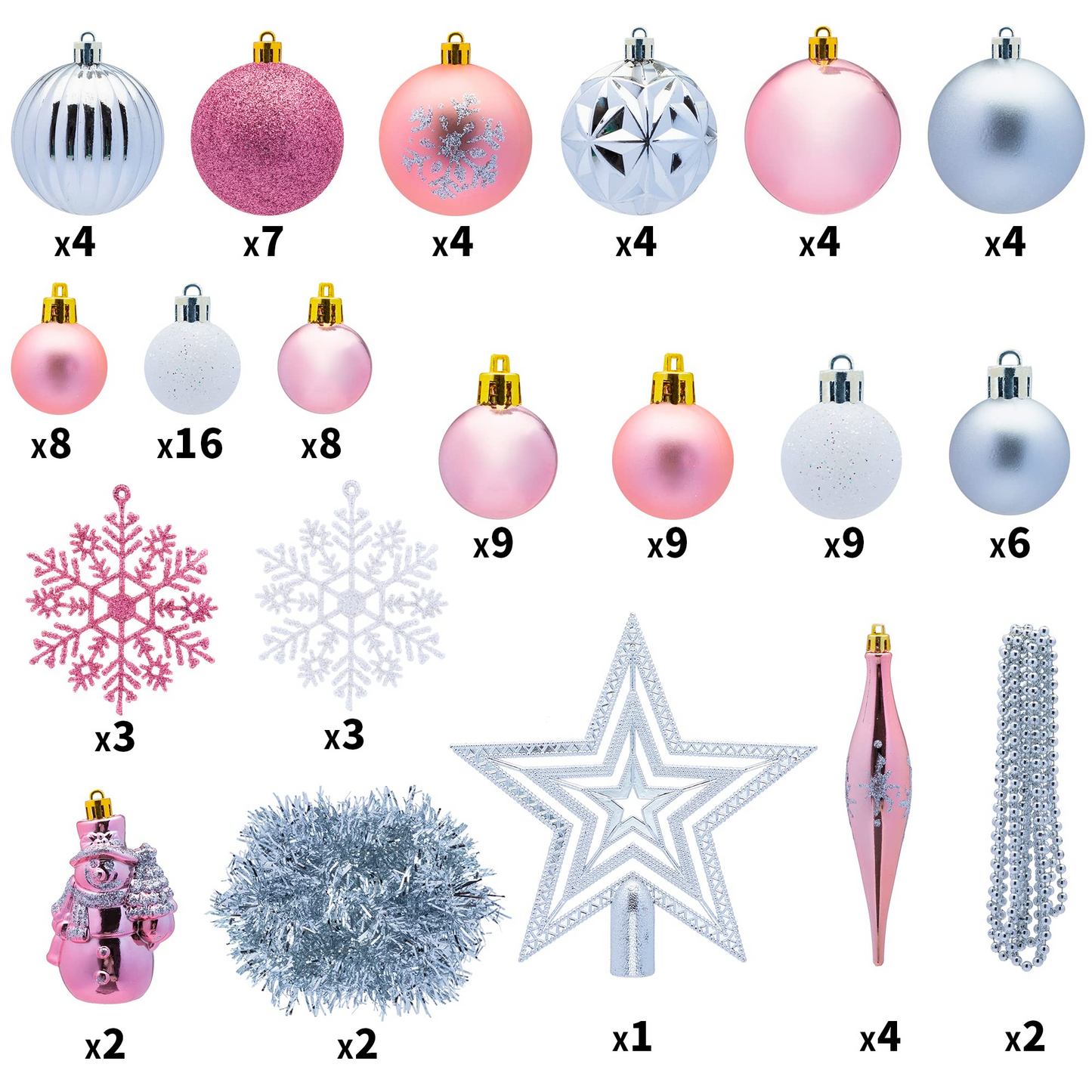 110Pcs Assorted Christmas Ball Ornaments - Rose Gold & Silver & White