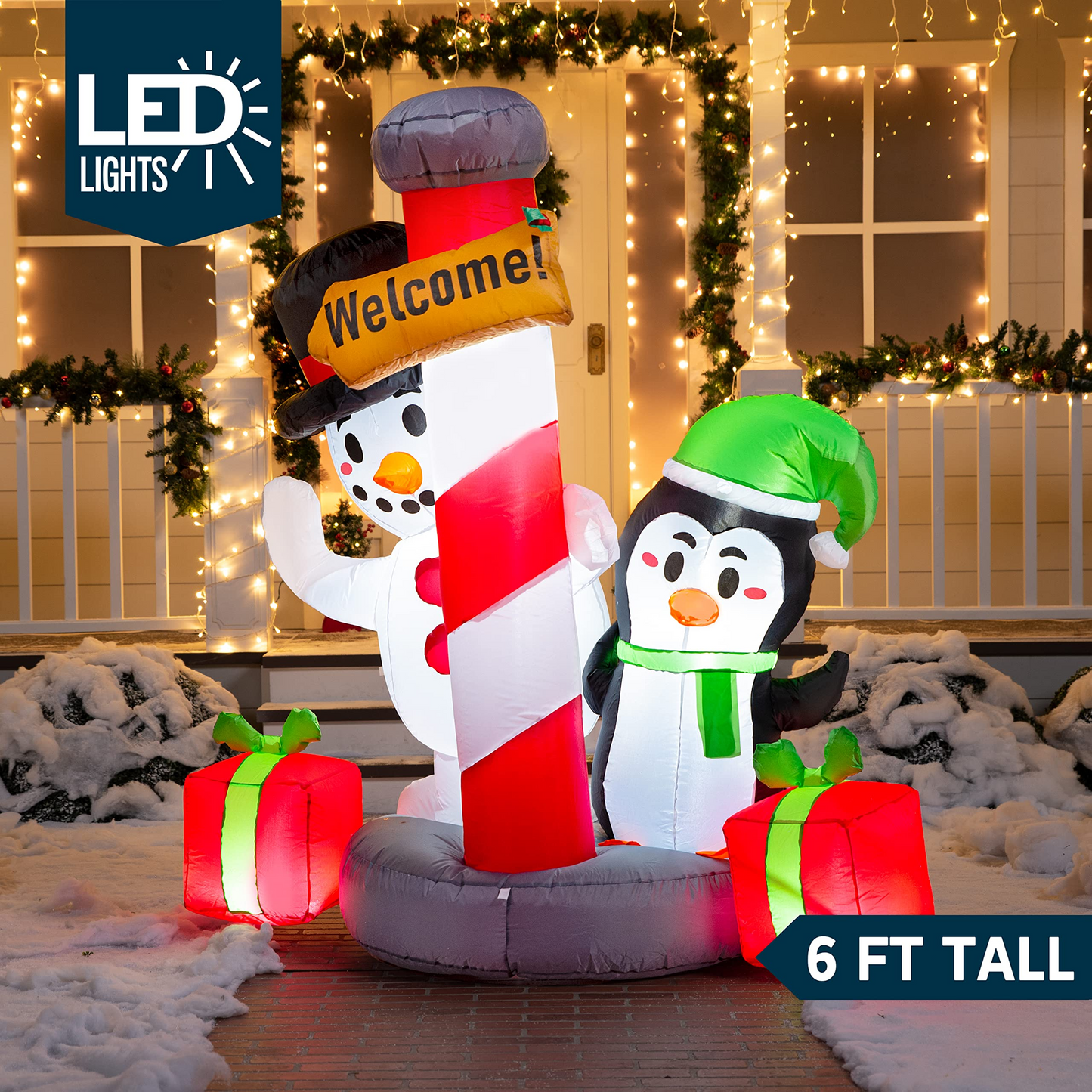6ft Tall Inflatable Christmas Welcome Sign with A Penguin and Snowman