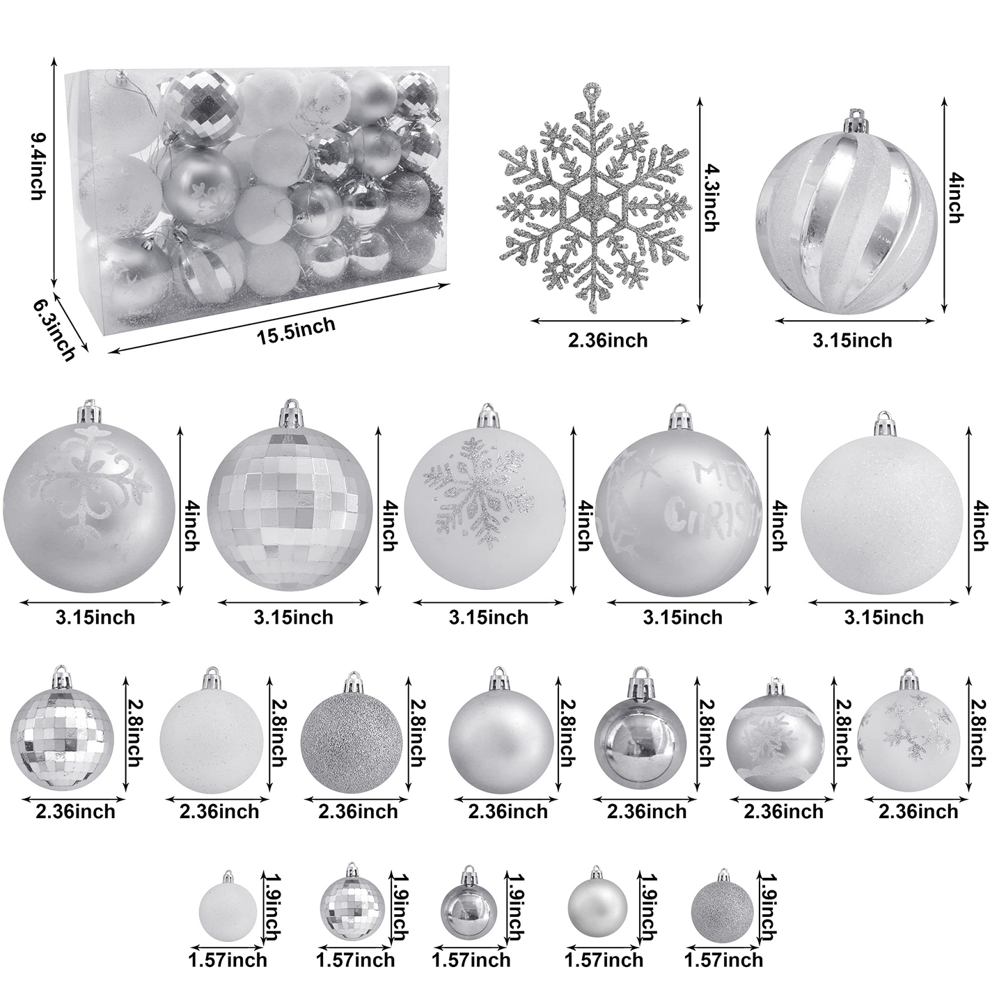 88 Pcs Assorted Shatterproof Silver & White Christmas Ornaments
