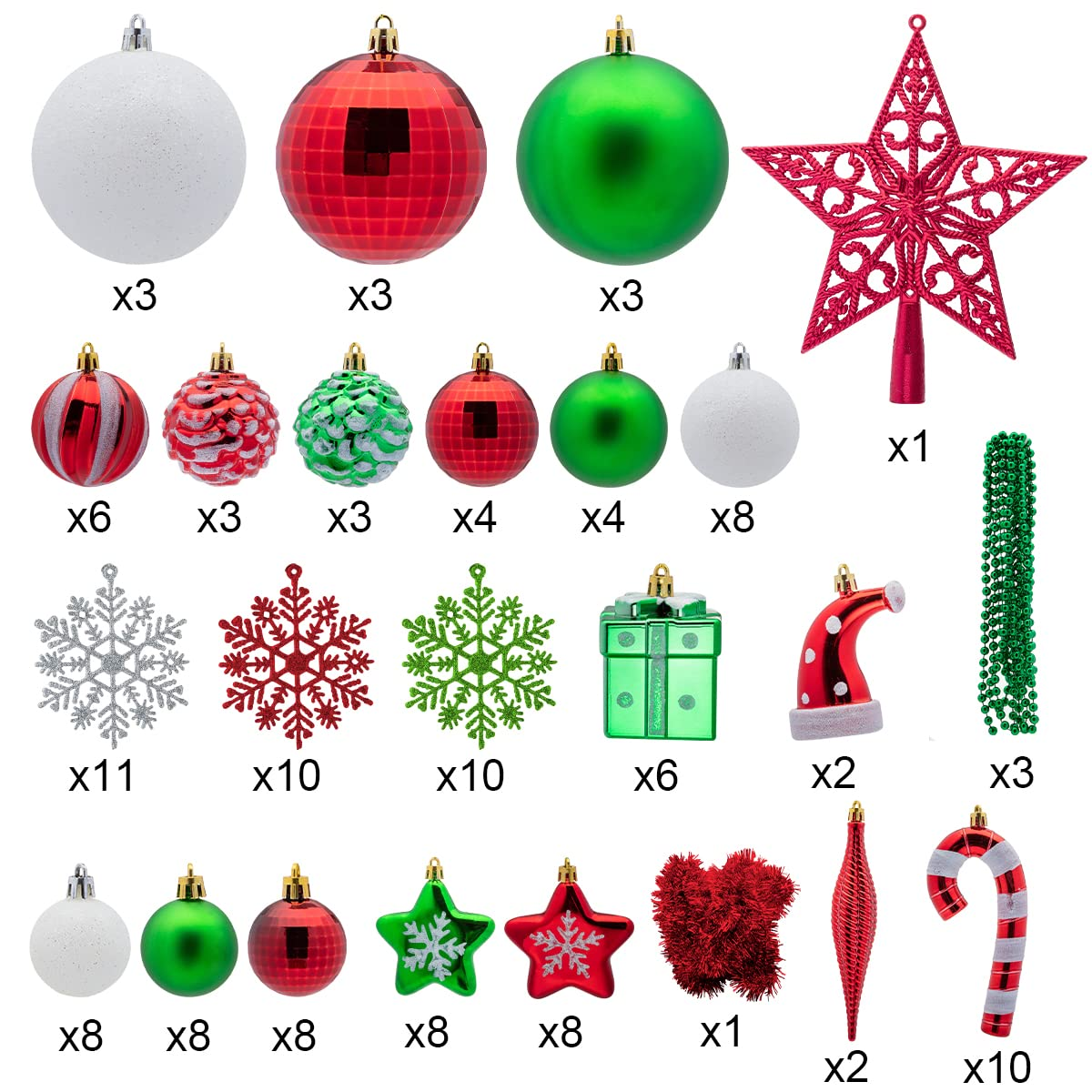 132 Pcs Red, Green, White Christmas Assorted Ornaments with a Silver Star Tree Topper