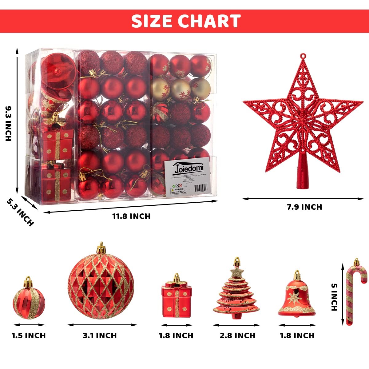 60 Pcs Christmas Assorted Ornaments with a Star Tree Topper Red & Gold