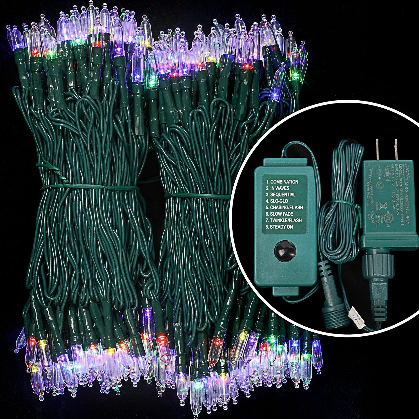 300 Multicolor LED Green Wire String Lights