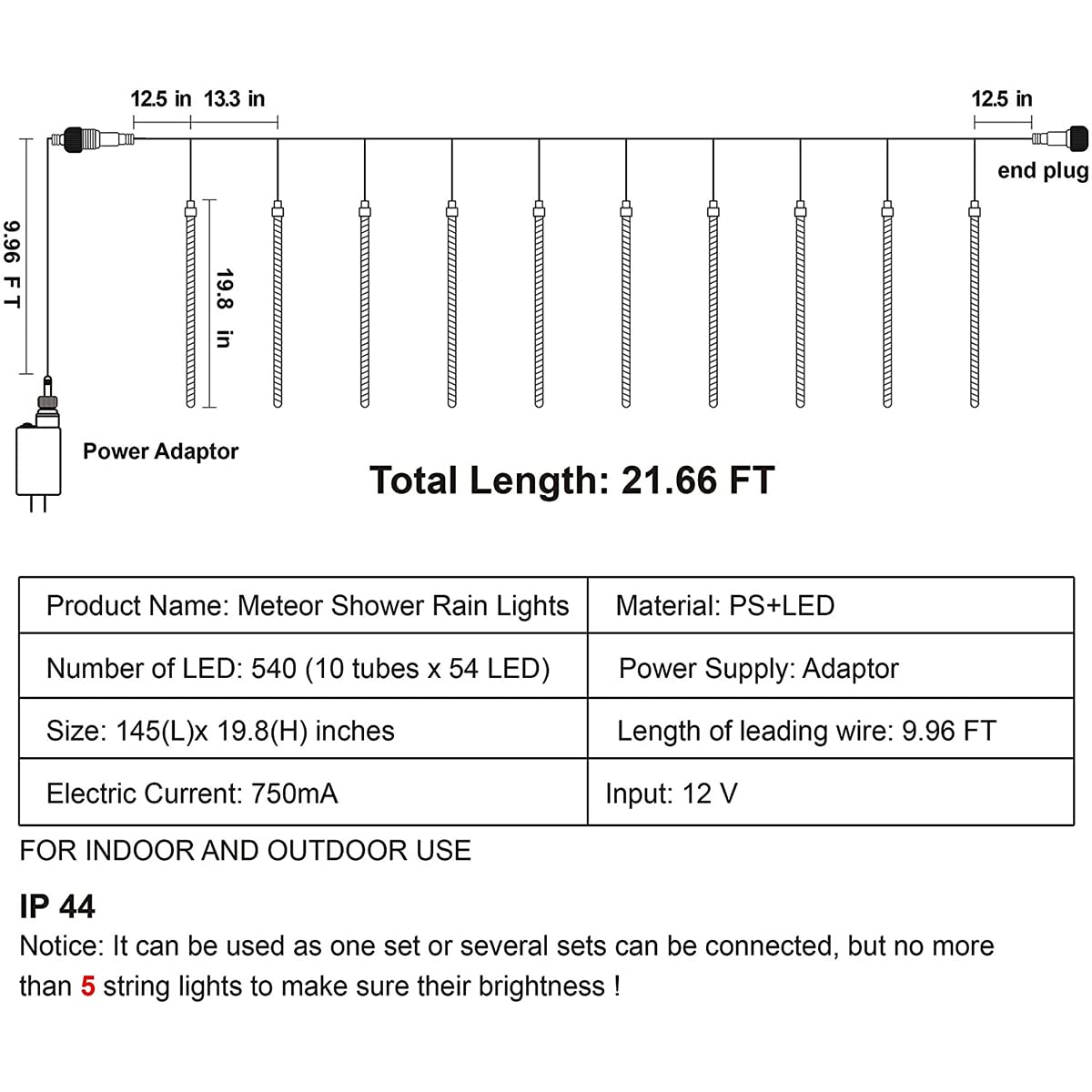 540 LED Meteor Shower Rain Lights 10 Tubes 50cm White, 2 Pack