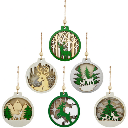 6Pcs Christmas LED Wooden Ornaments