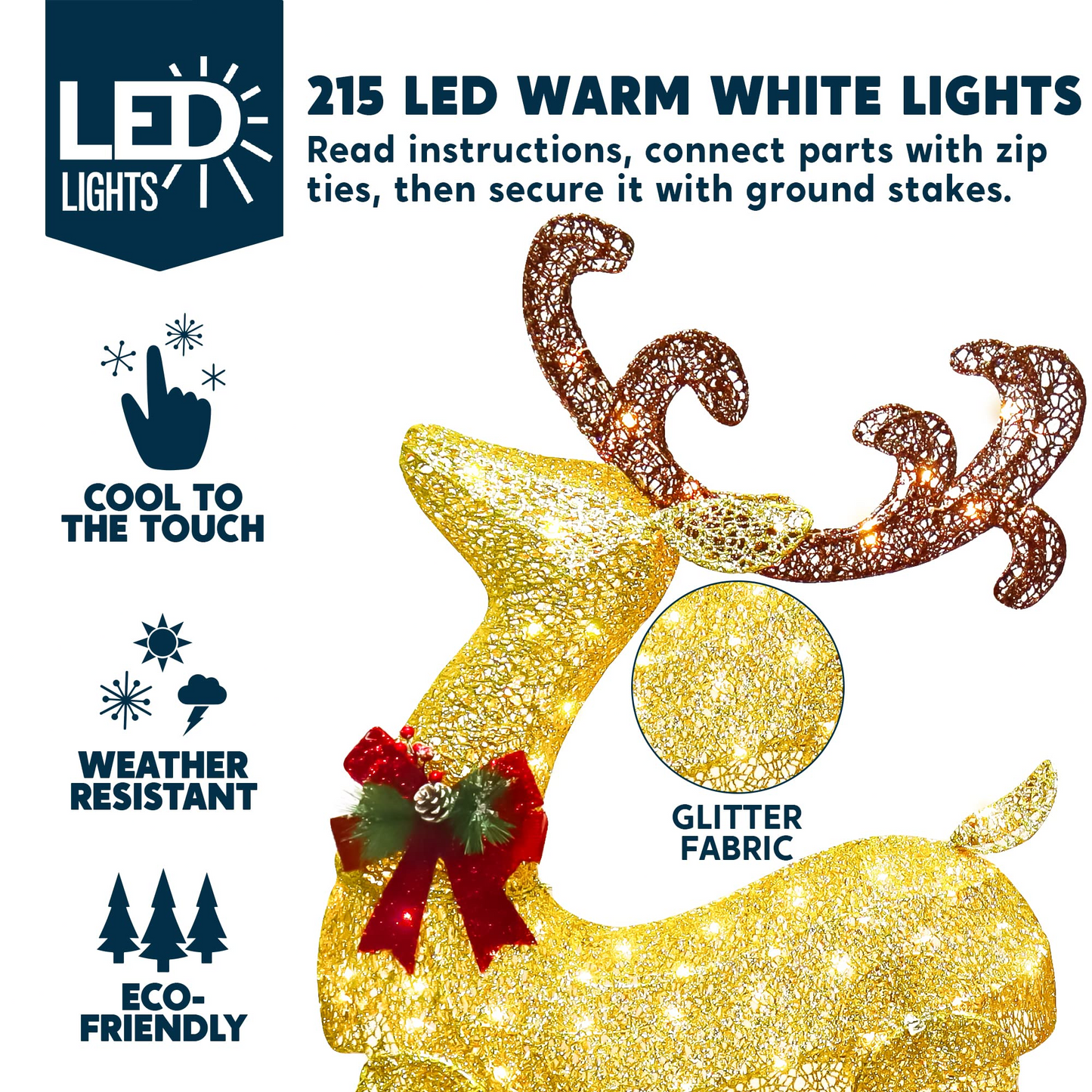 2Pcs Fabric 5ft Reindeer and 3ft Sleigh LED Yard Lights  (Gold&Red)