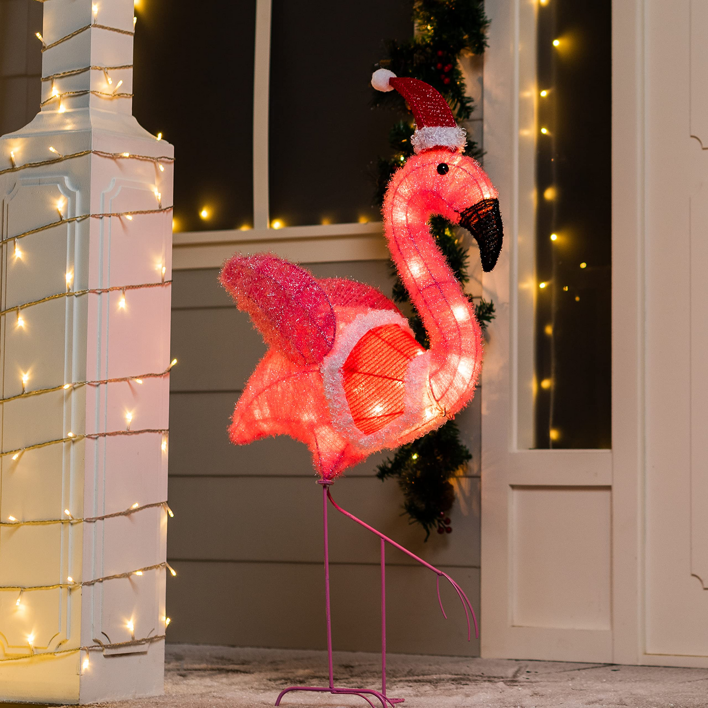 3ft LED Yard Lights - Tinsel Flamingo with Christmas Hat