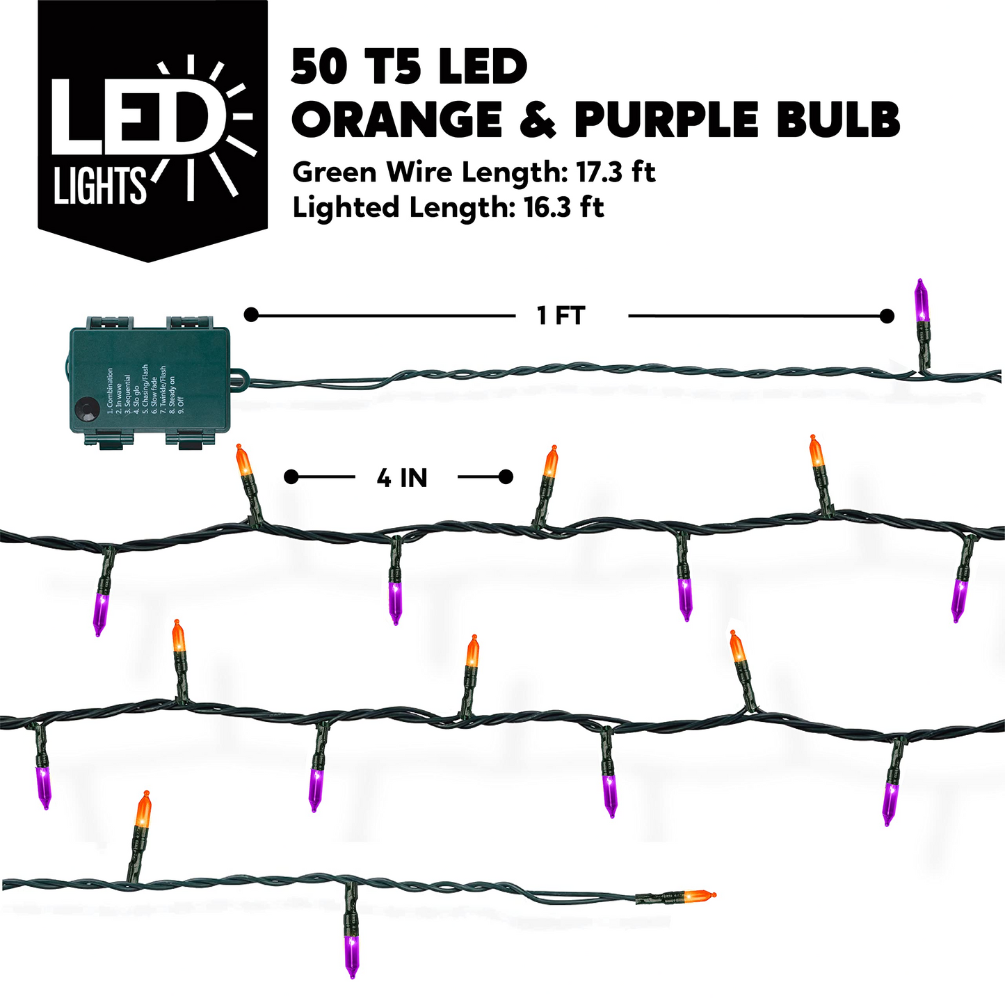 50 Orange & Purple LED Green Wire String Lights