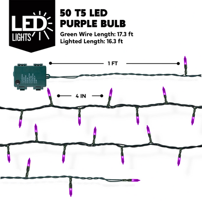 17.3ft 50 Counts Purple LED Green Wire String Lights