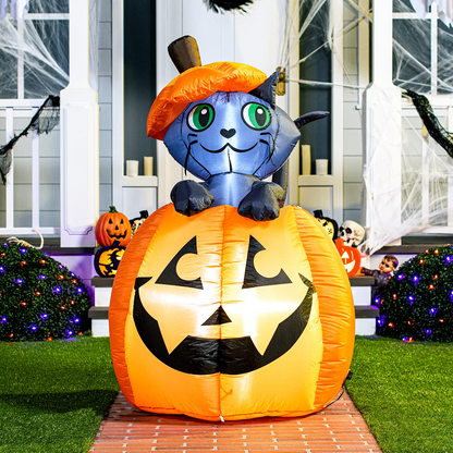 Tall Animated Halloween Kitty Cat On Pumpkin Inflatable (5 ft)