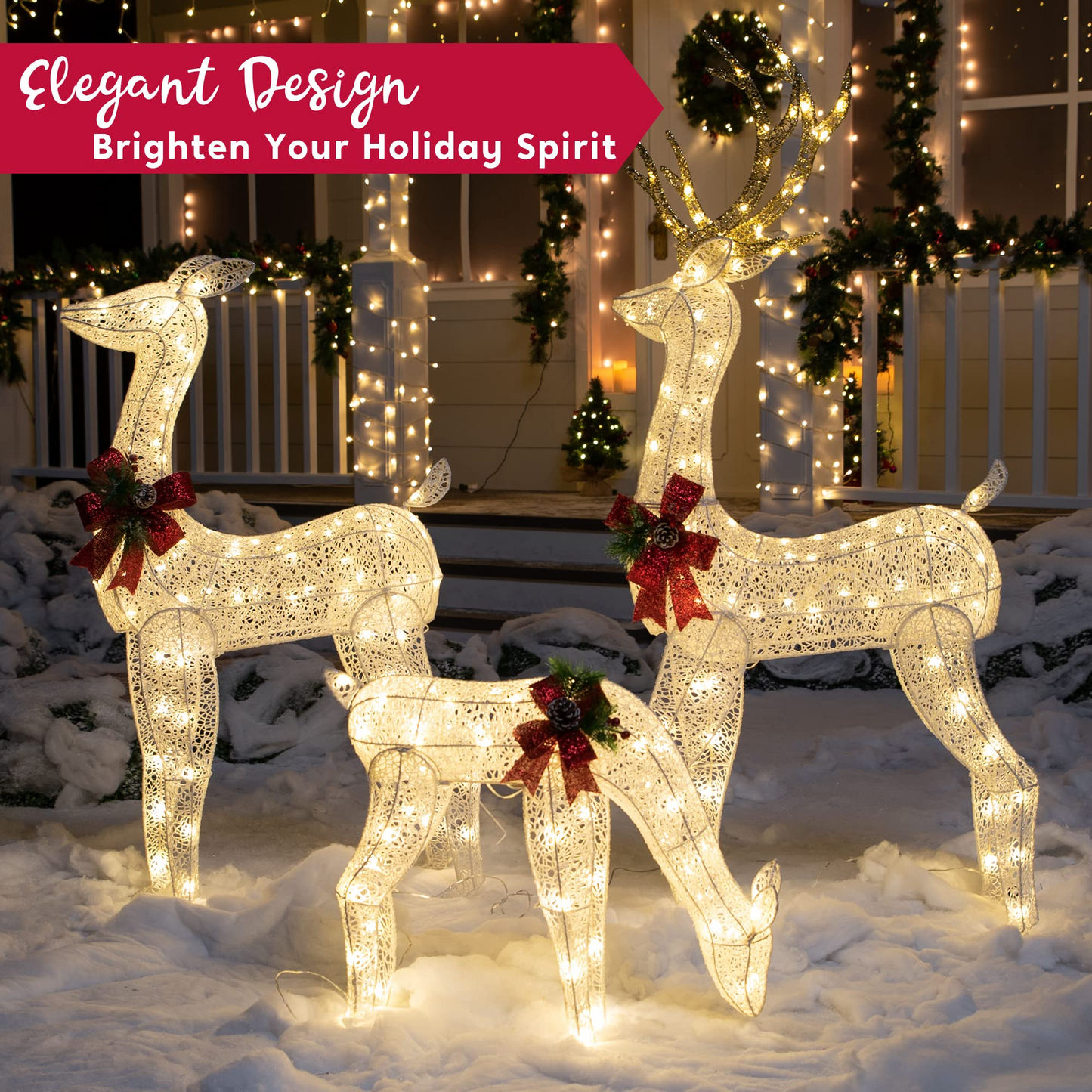 3 Pcs LED Yard Lights - Fabric 5ft Buck, 4ft Doe, and 2.2ft Fawn (White)