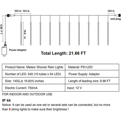 540 LED Meteor Shower Rain Lights 10 Tubes 50cm Warm White, 2 Pack