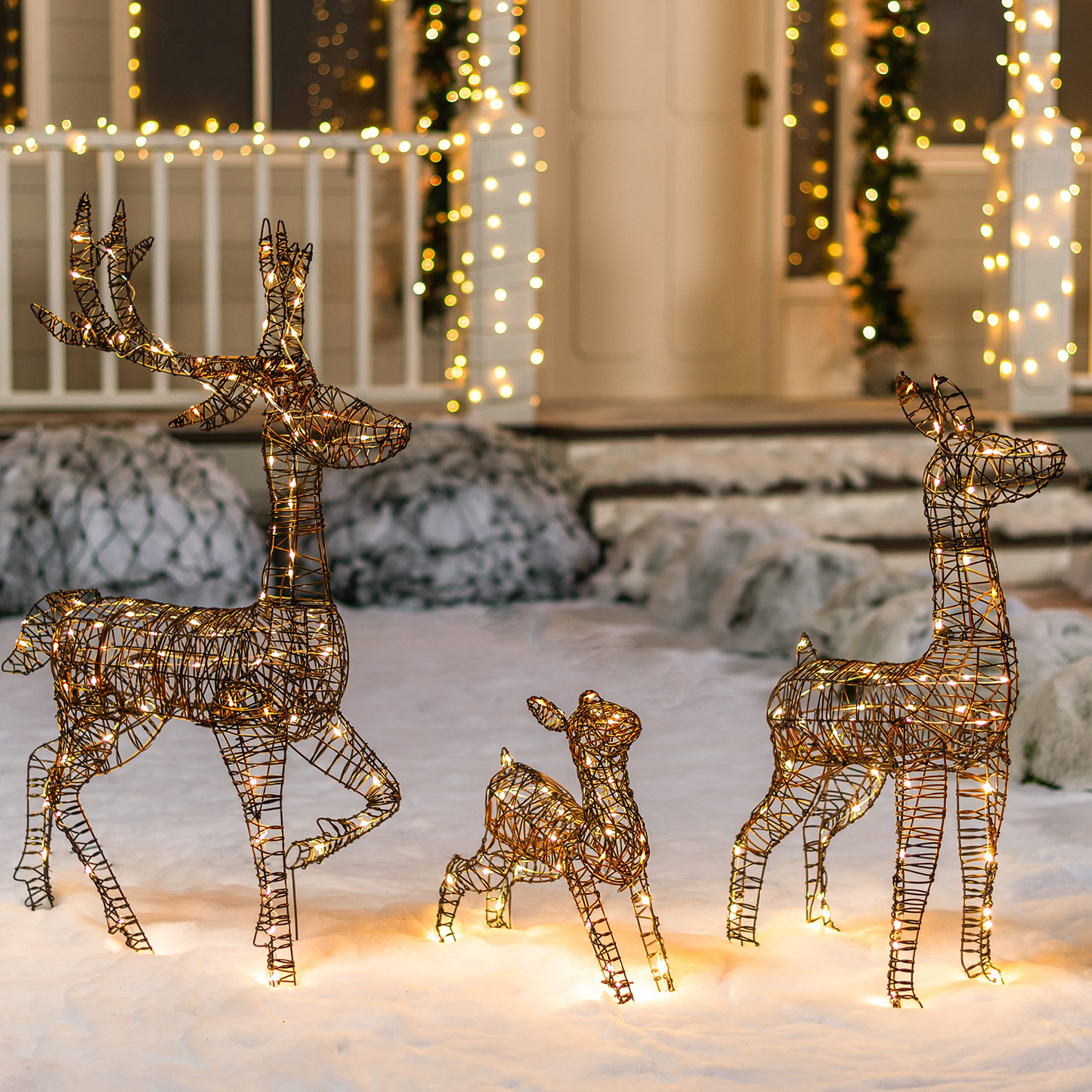 3 Packs Rattan Christmas Reindeer Buck, Doe, and Fawn Yard Lights