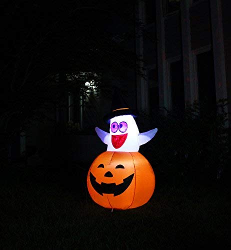 Tall Ghost with Witch Hat in Pumpkin Inflatable (4.5 ft)