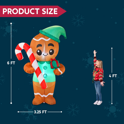 6ft Christmas Inflatable Gingerman Holding Candy Cane