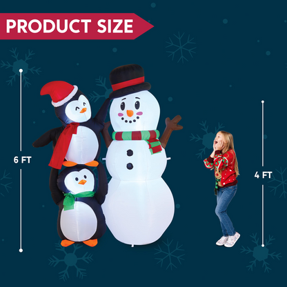 6 FT Tall Inflatable Two Penguins Carry Each Other to Hold Snowman's Head