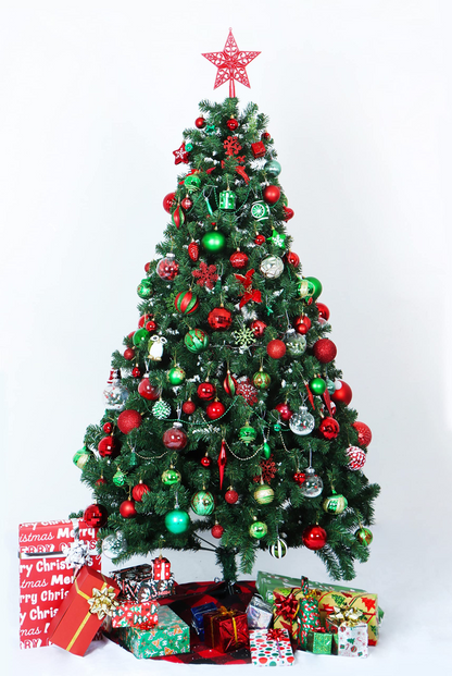132 Pcs Red, Green, White Christmas Assorted Ornaments with a Silver Star Tree Topper