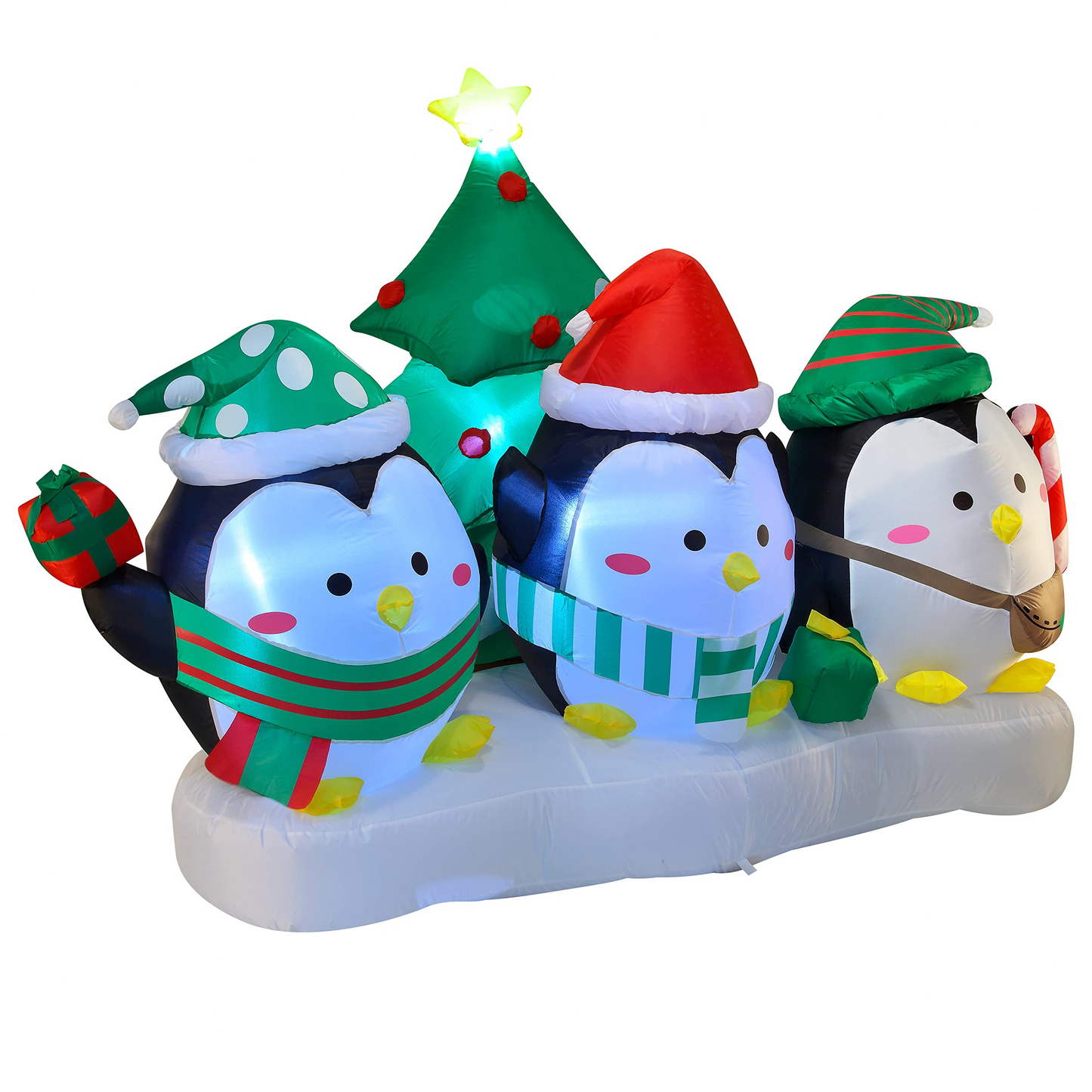 6FT Long Inflatable Three Chubby Penguin in Front of Christmas Tree