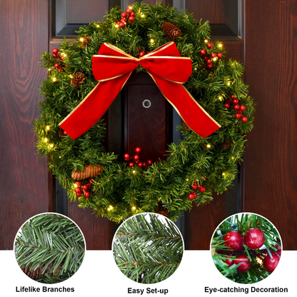 24" Holiday Christmas Bow Wreath with LED Lights
