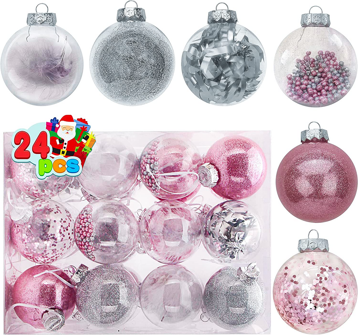 24Pcs Pink Plastic Clear Ball Ornaments with Filling