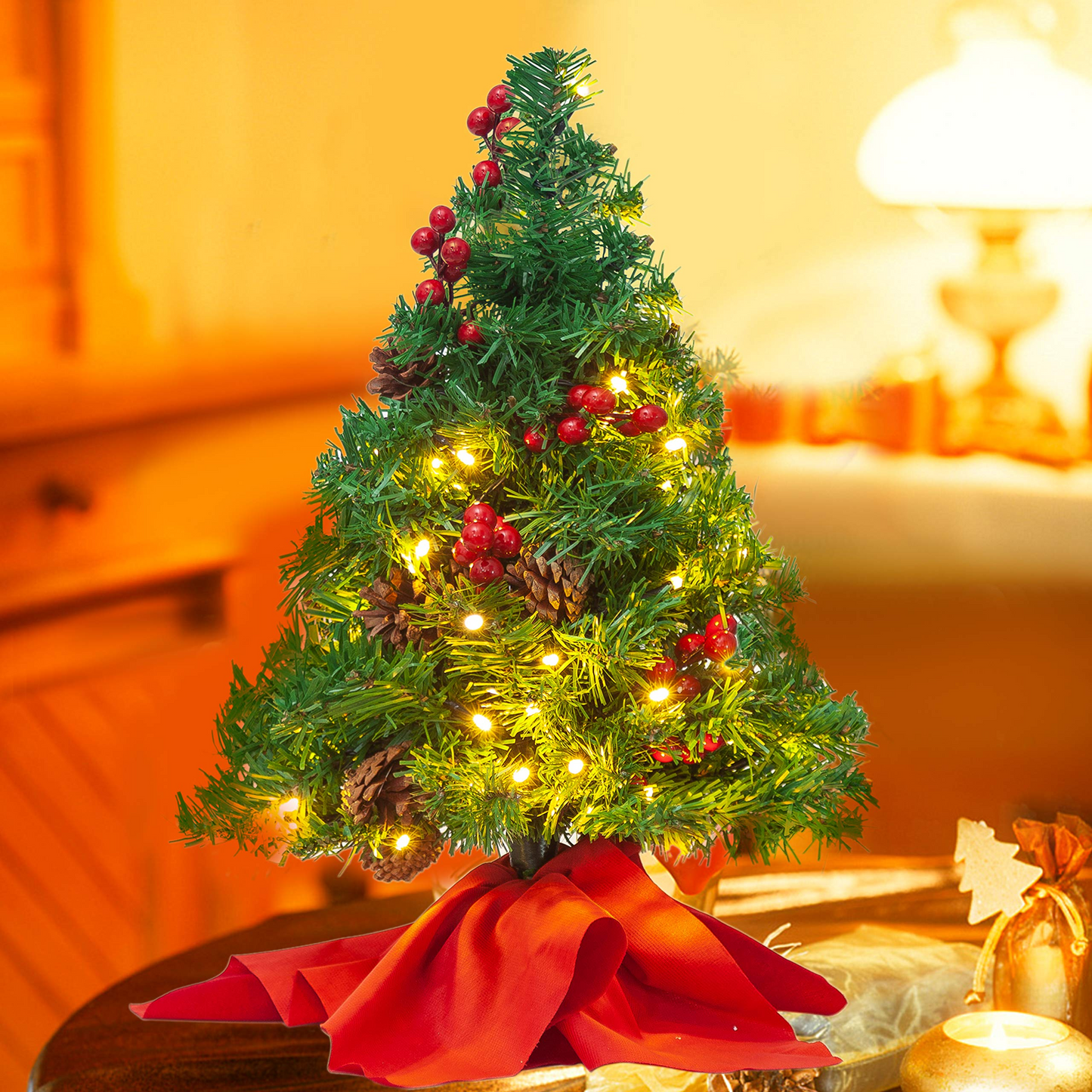 22in Prelit Tabletop Christmas Tree with Holy Leaves & Pine Cones