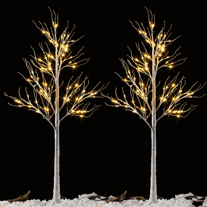 6ft White Birch Tree Decoration with 96 LED Lights, 2Pcs