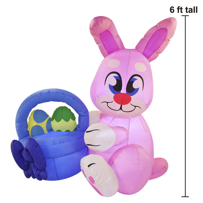 6 ft Easter Inflatable Bunny with Basket, Blow Up Easter Eggs with Build-in LEDs
