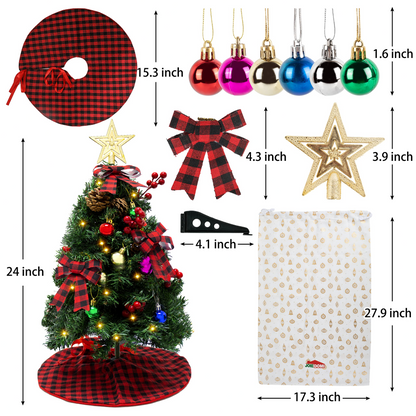 24in Prelit Tabletop Christmas Tree with Tree Skirt and Decoration Kits