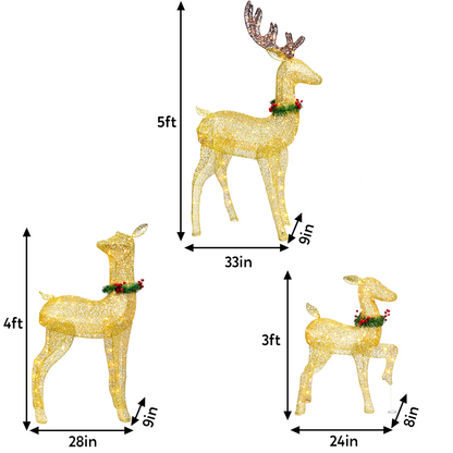 3 Pcs LED Yard Lights - Fabric 5ft Buck, 4ft Doe, and 3ft Fawn with Wreath (Gold)