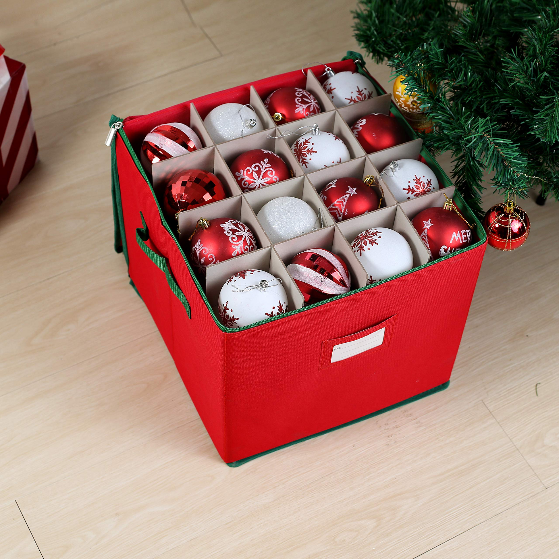 Glomery Christmas Ornament Box, Adjustable Dividers Stores Up to 64 Ornaments - Red Stars