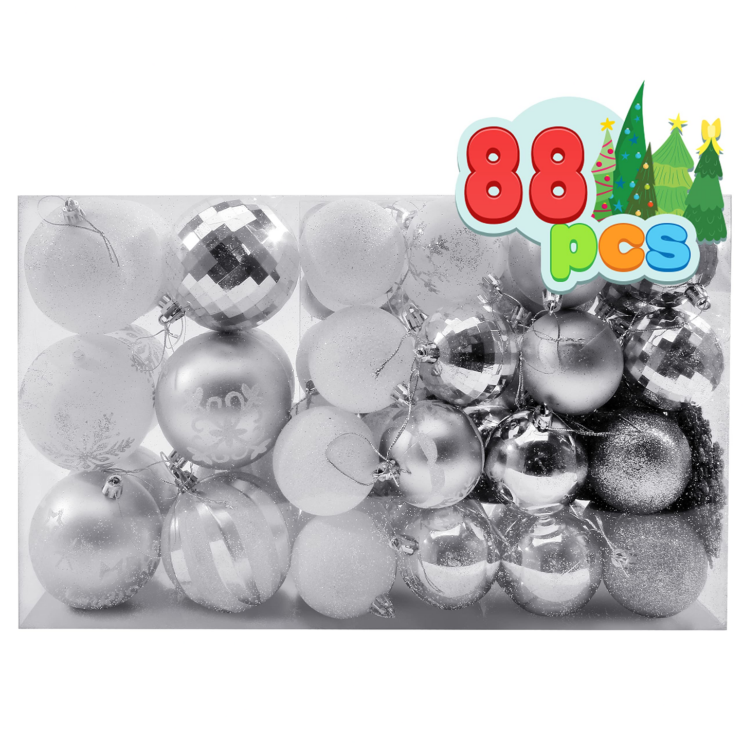 88 Pcs Assorted Shatterproof Silver & White Christmas Ornaments