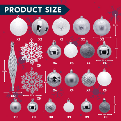 133 Pcs Christmas Ornaments, Assorted Shatterproof Silver & White Christmas Ornaments