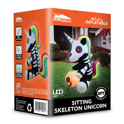 Tall Sitting Skeleton inflatable ride a unicorn costume (5 ft)