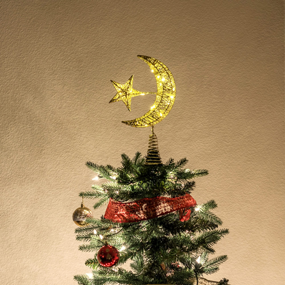 Gold Star & Moon Tree Topper, Warm White