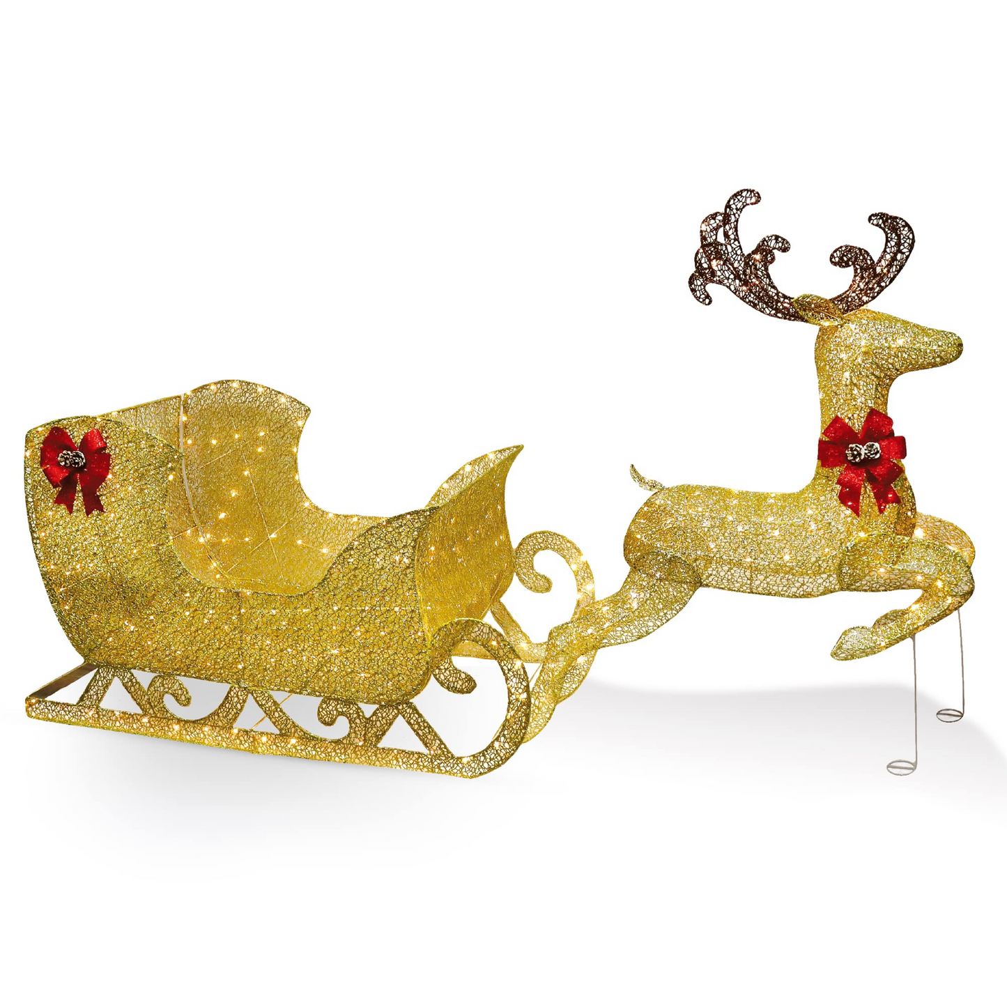 2 Pcs LED Yard Lights - Fabric 5ft Reindeer and 3ft Sleigh (Gold)