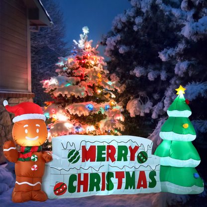 Giant Merry Christmas Sign with Tree & Gingerbread Man Inflatable (10 ft)