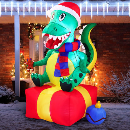 Large Dinosaur Sitting on a Gift Box Inflatable (6 ft)